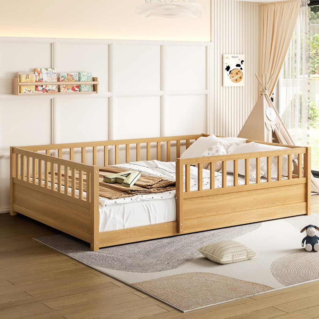 Full Size Montessori Floor Bed with High Rails, High Rails Floor Bed with Slats and Fence, Easy Assemble Montessori