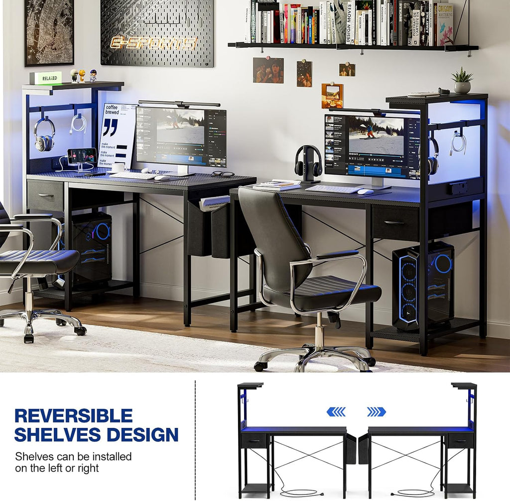 Gaming Desk 40 Inch with Power Outlet and LED Light, Computer Desk with Reversible Shelves and Storage Drawer, Pc