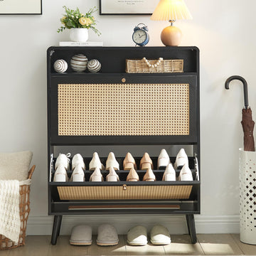 Rattan Shoe Cabinet with 2 Flip Drawers, 16 Pairs Narrow Shoe Storage Cabinet Freestanding Hidden Shoe Rack, Modern