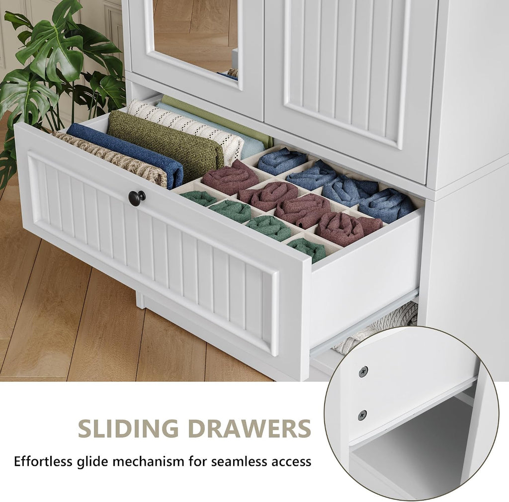 Armoire Wardrobe Cabinet with Mirror and Drawer, 70" 2-Door Wooden Closet Organizer Storage, White