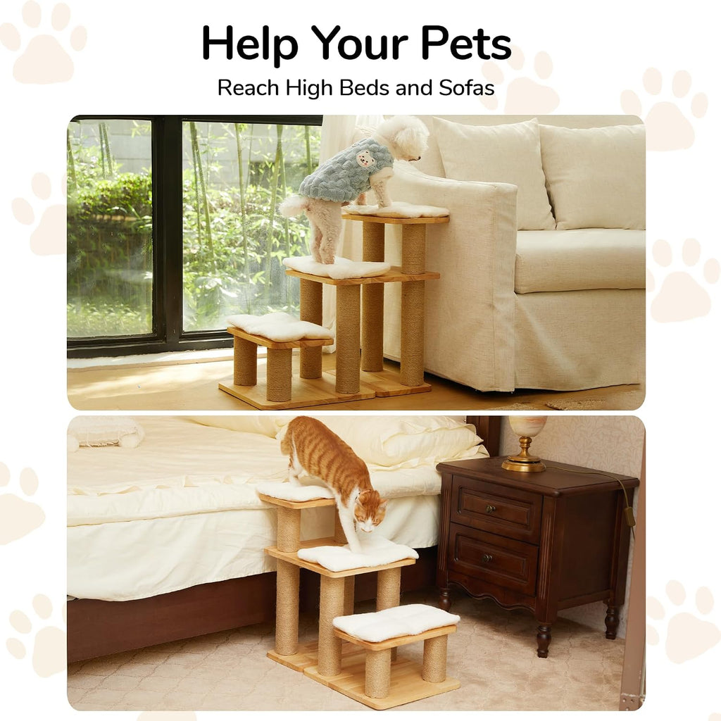Dog Stairs, Solid Wood Pet Stairs with Cat Scratching Post