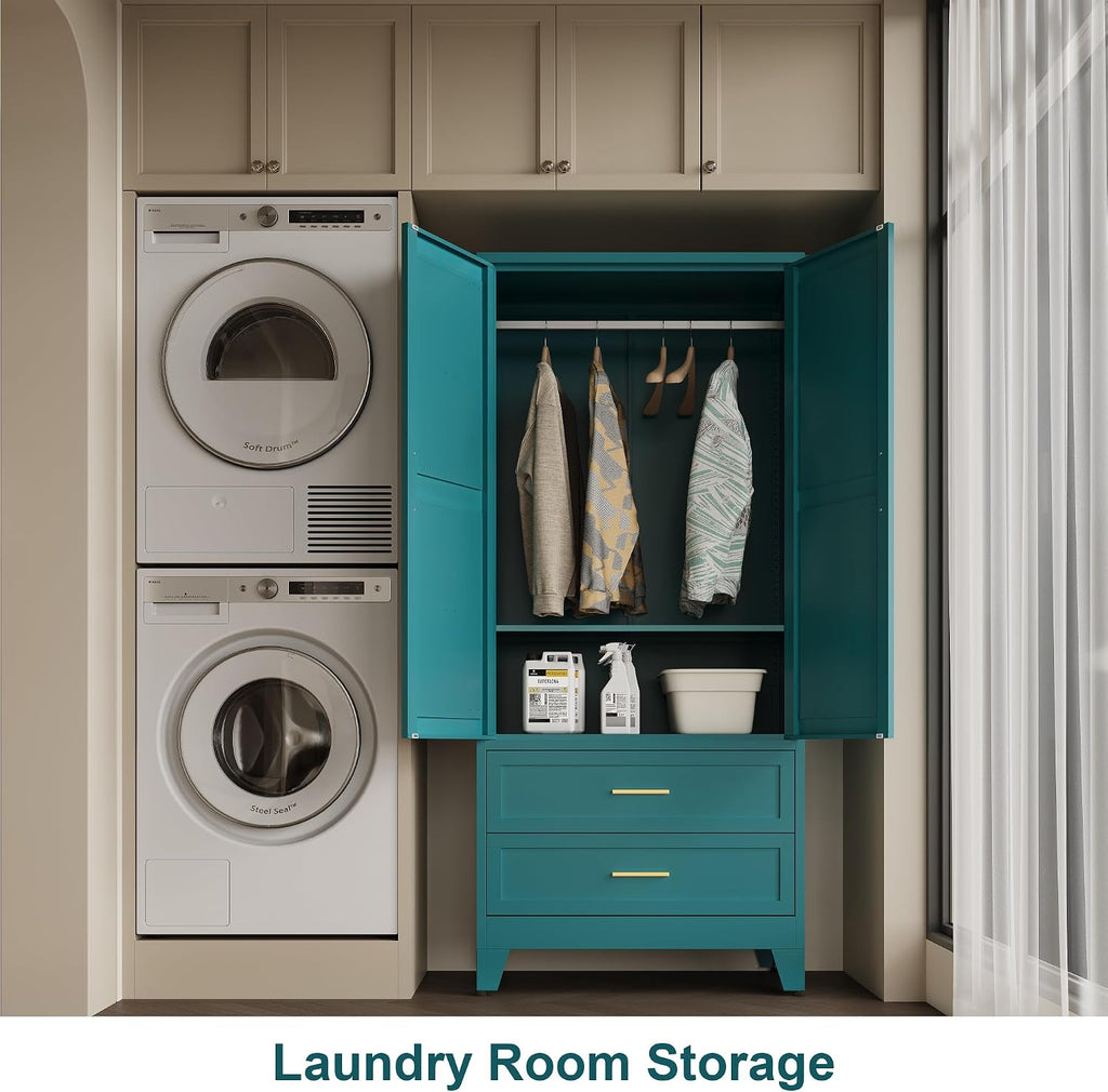 71" Tall Metal Wardrobe with Doors, Hanging Rod & Adjustable Shelf, Freestanding Steel Armoire Home Office, 2-Drawer