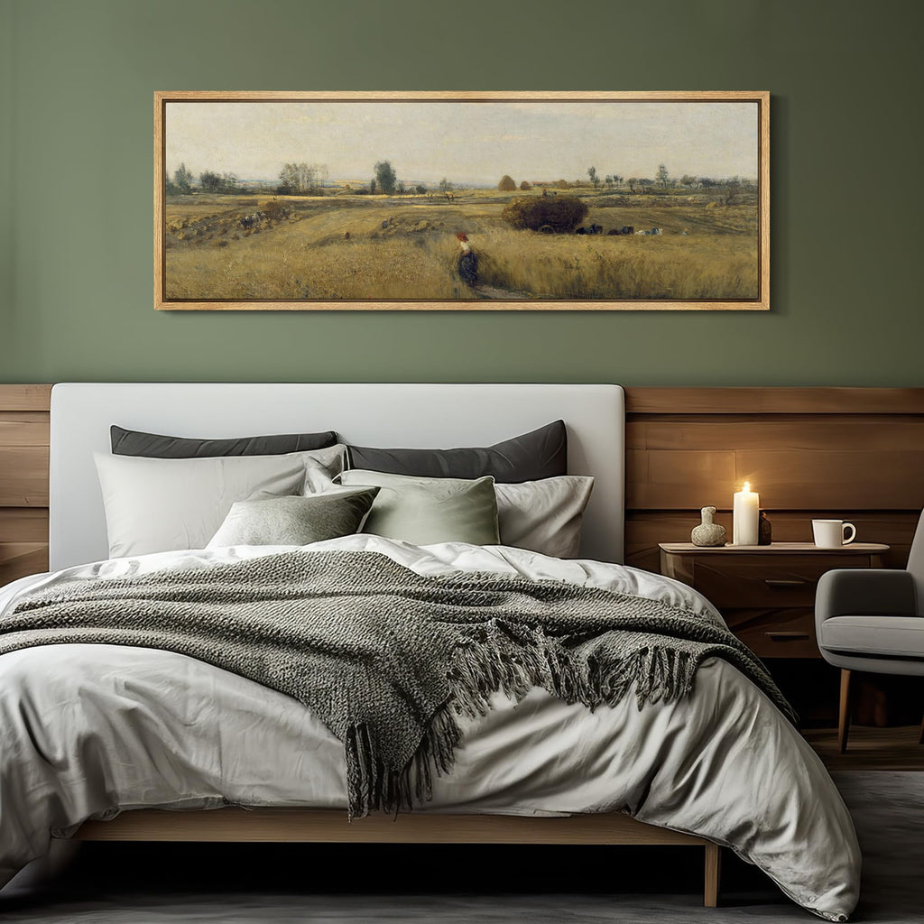Large Framed Canvas Print Wall Art Golden Wheat Field Harvest Antique Rural Landscape with Farmers Illustrations