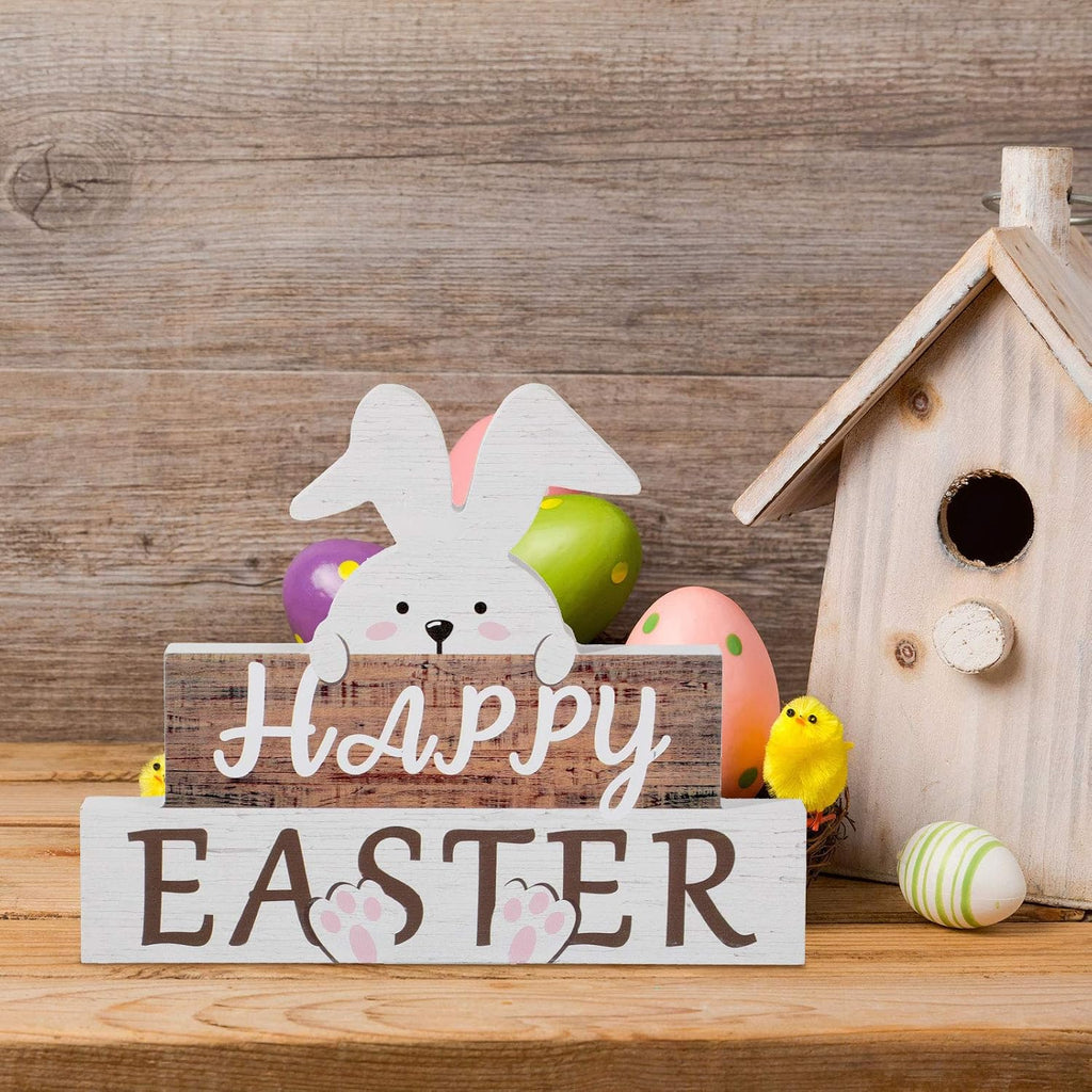 Easter Decorations for Table, Wooden Happy Easter Bunny Decor Sign, Wood Rabbit Block Tabletop Centerpiece Farmhouse
