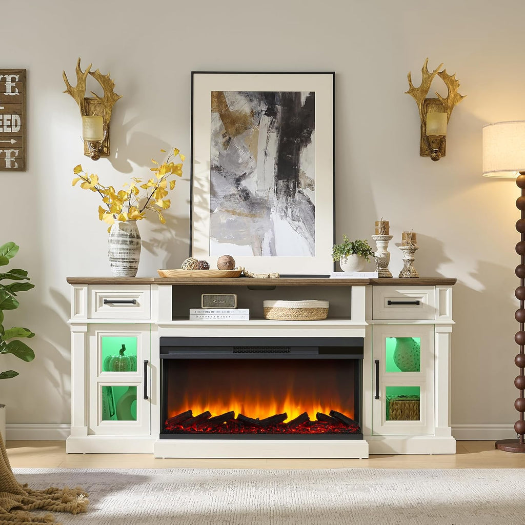 3-Sided Fireplace TV Stand for TVs up to 80 Inches, Farmhouse Entertainment Center with 36 Inch Electric Fireplace, Storage Drawers and Cabinets, Antique White