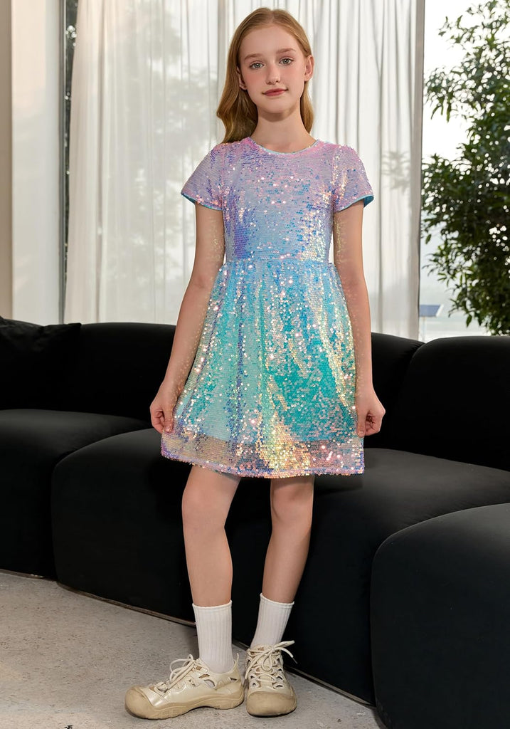 Sequin Dress Short Sleeve Formal School Dresses