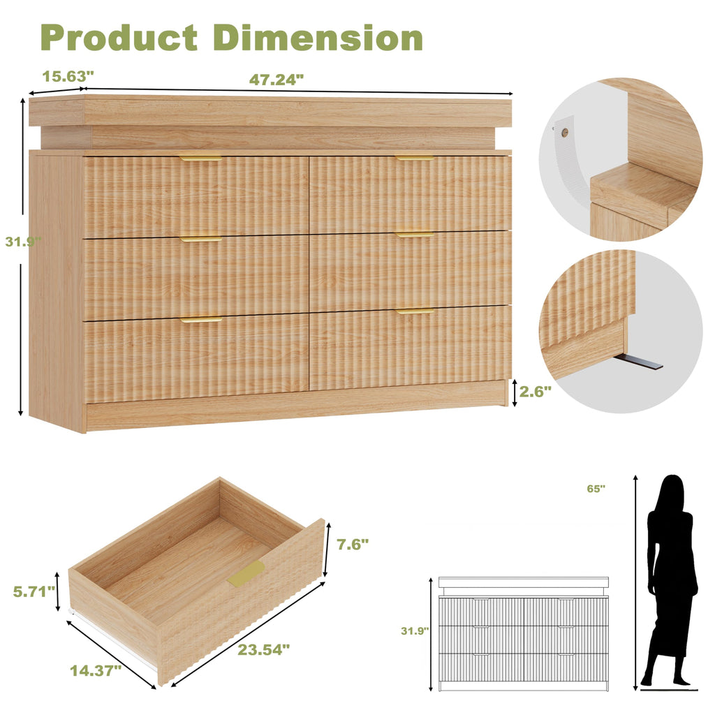 Fluted 6 Drawer Dresser LED Lights & Charging Station, Natural Oak