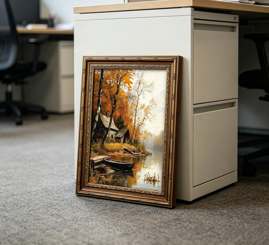 Vintage Gold Framed Wall Art, Autumn Lake Cabin with Boat Oil Painting Print, Rustic Fall Landscape Decor, Cabin