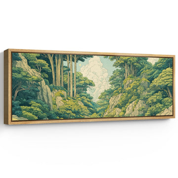 Large Framed Canvas Print Wall Art Japanese Ukiyo-E Style Forest Landscape Green Illustrations Modern Art Relax/Calm