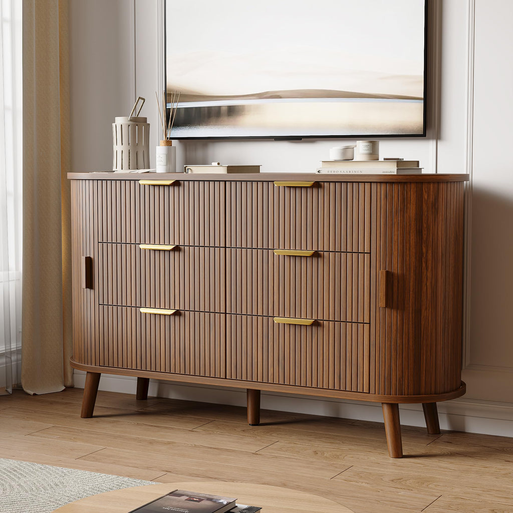 Fluted 6 Drawer Dresser, 55" Mid Century Modern Chest of Drawers
