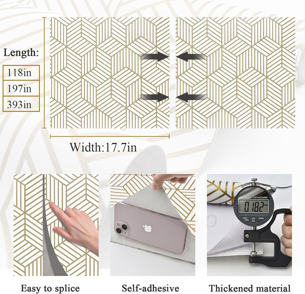 Geometric Contact Paper Peel and Stick Wallpaper Gold 17.7"×393" | Self Adhesive, Removable Wallpaper /Bathroom