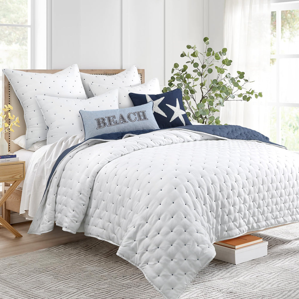 Embroidered Swiss Dot Quilt Set - Quilt and Two Standard Shams - Dot - Navy and White - Quilt (88x92in.)