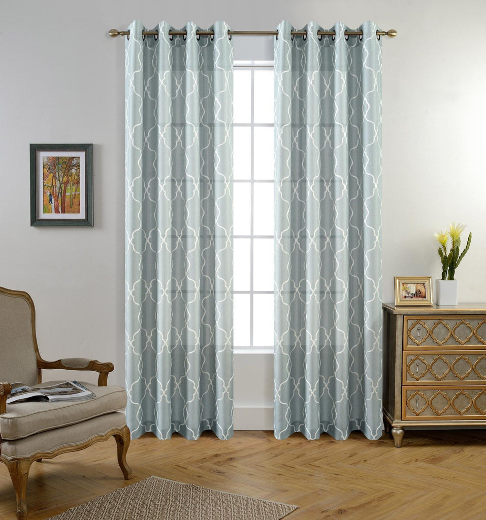 Moroccan Embroidery Semi Sheer Curtains Faux Linen Grommet Curtains 52 x 84 Inch 2 Panels Set, Sea Foam