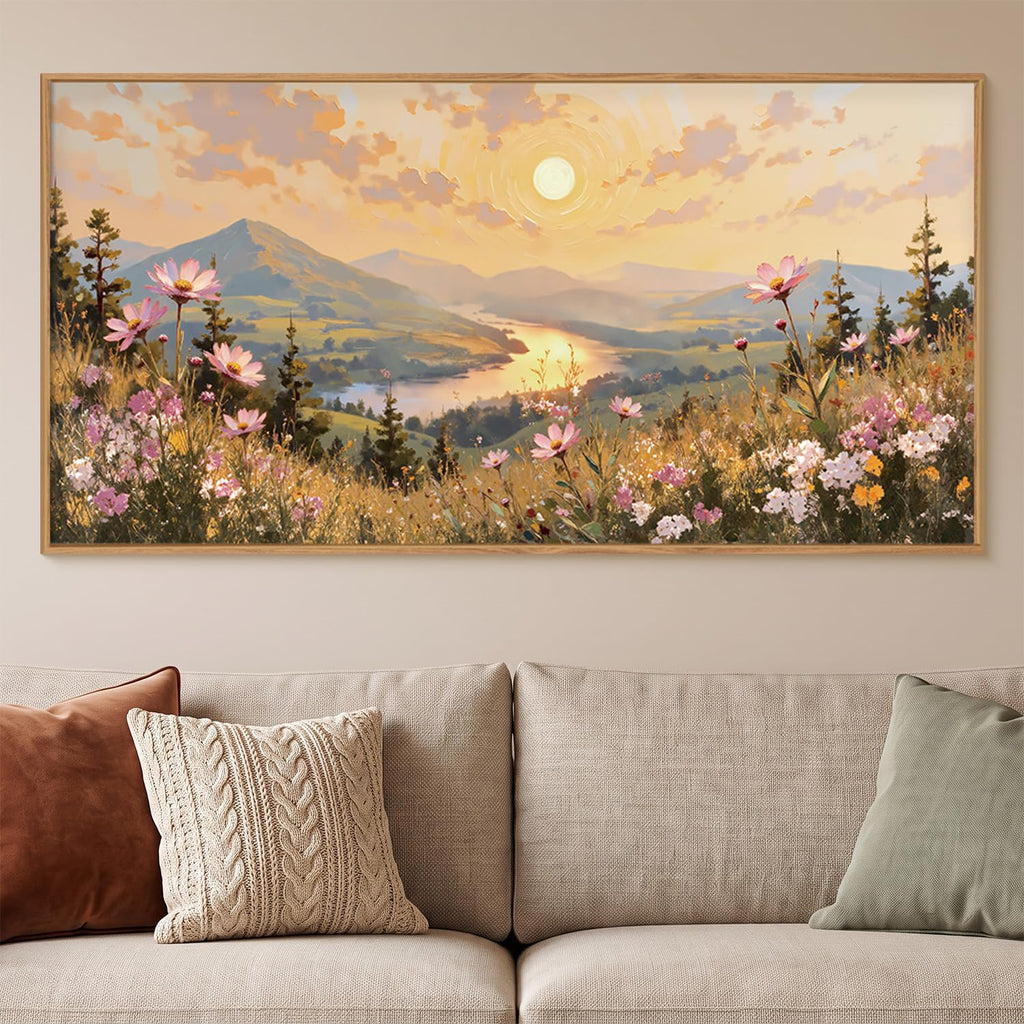 Large Boho Sunset Wildflower Framed Canvas Wall Art, Nature Pink Flower Wall Decor, Blossom Botanical Mountain
