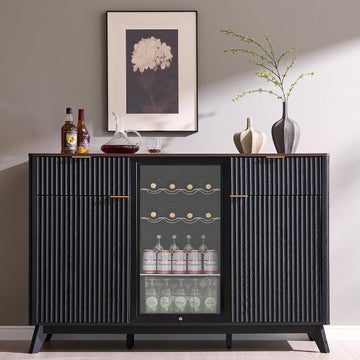 60" Fluted Coffee Bar Cabinet with Mini Fridge Space, Black and Walnut | Mini Fridge Compatible, Built In Charging