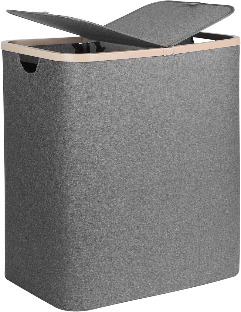 160L Double Laundry Basket Hamper with Lid & Removable Bags, Grey | Extra large 2-section collapsible clothes hamper