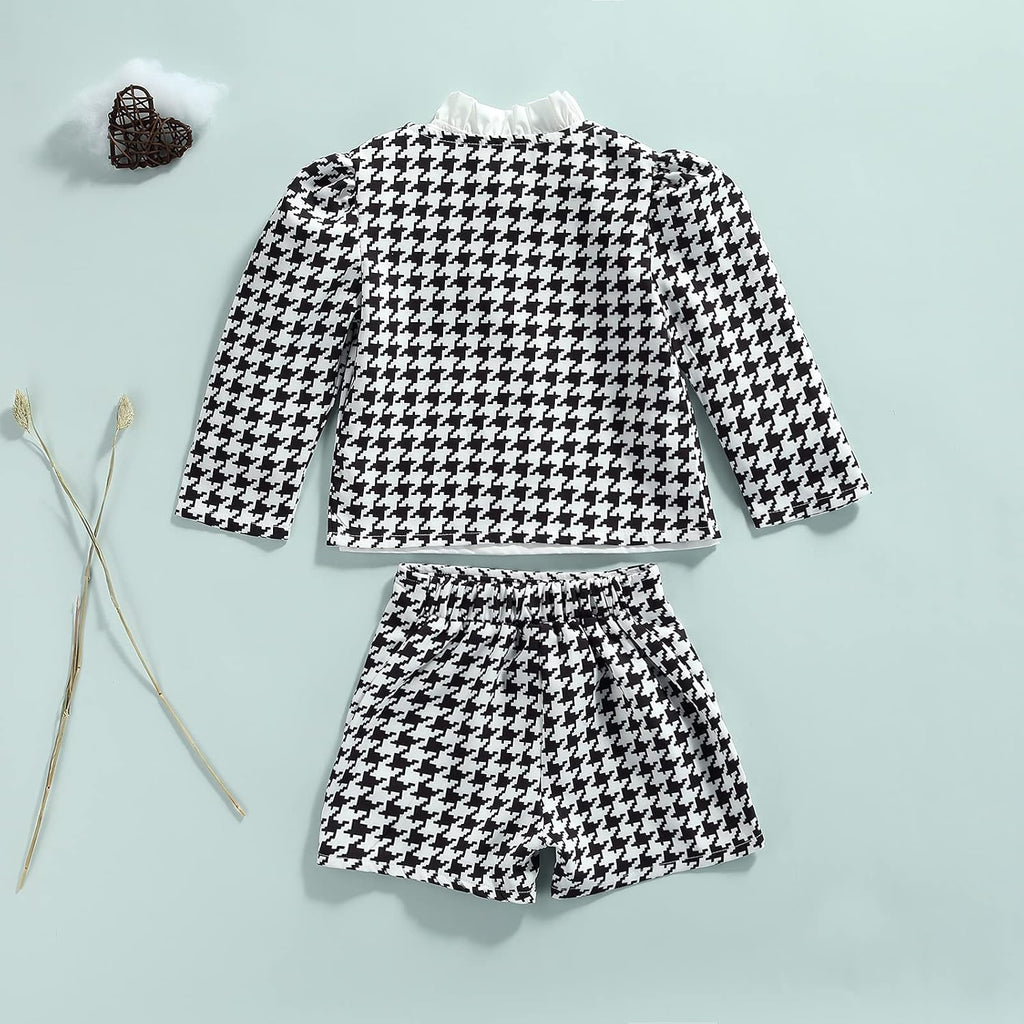 3PCS Toddler Baby Girl Ruffle Collar Button-Down Shirt + Long Sleeve Plaid Cardigan + Houndstooth Shorts Sets