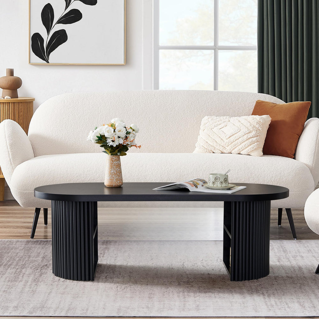 Oval Fluted, Mid Century Modern with Storage, Curved Round Wooden Center Table, Cafe, Black(47.24" x 19.69" x