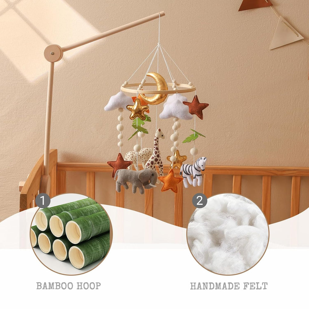 Baby Crib Mobile - Felt Safari Animals Hanging Mobile - Giraffe Elephant Zebra Ceiling Decor for Boys Girls - Gold