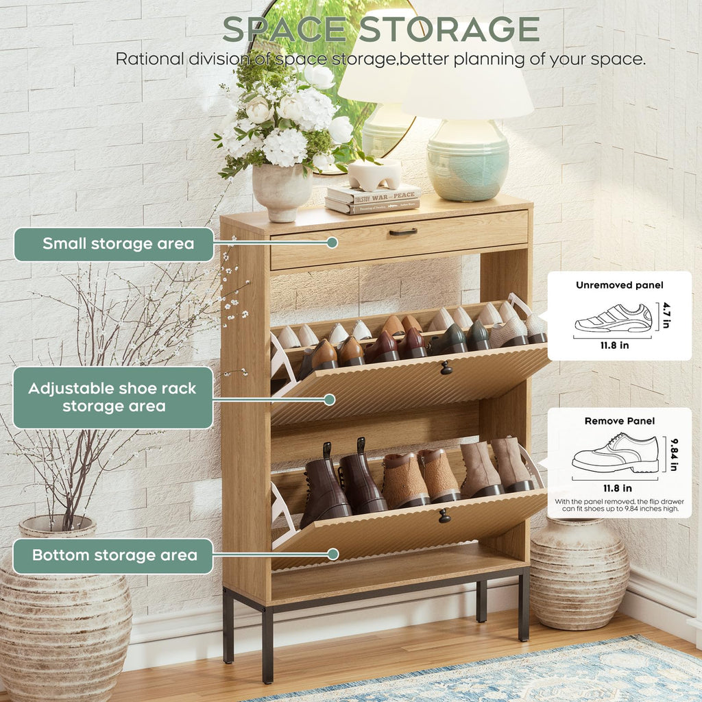 Shoe Cabinet with Fluted Panel Doors, Modern 2 Flip Drawer Entryway Shoe Organizer, Hidden Shoe Rack with Small