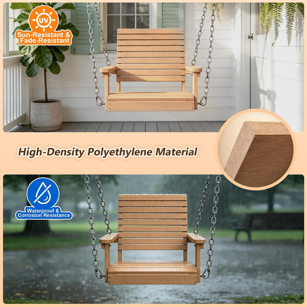 HDPE Single Hanging Porch Swing, 360 LBS Outdoor Swing Chair, Teak | Wood-Look Finish, All-Weather & Fade Resistant