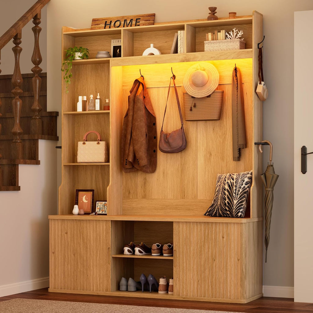 77"H 59"W Hall Tree with Bench and Shoe Storage, Entryway Bench with Coat Rack & 12 Hooks, Smart RGB LED Lighting