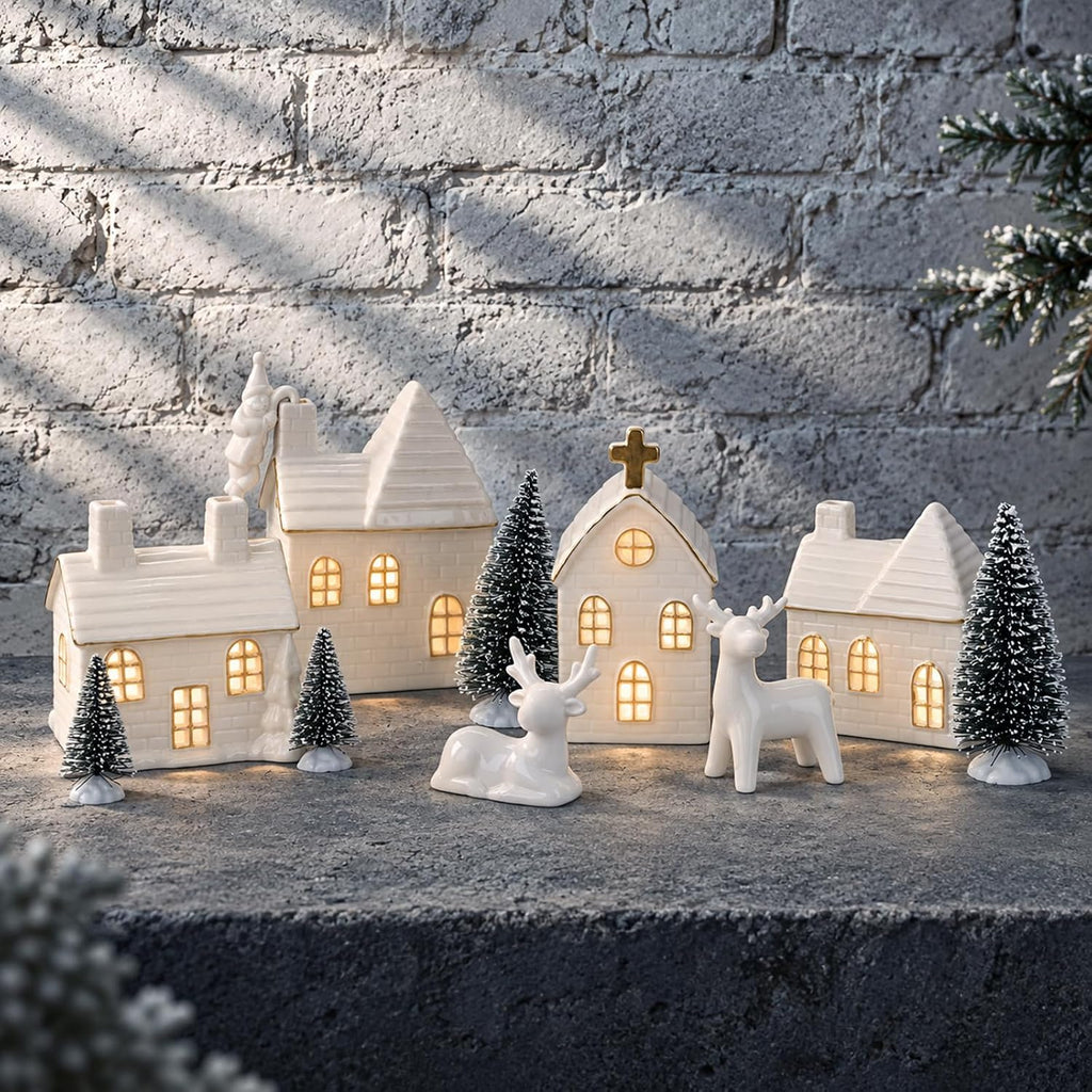 Christmas Village Set, 16-Piece Ceramic Light Up Houses and Pine Trees