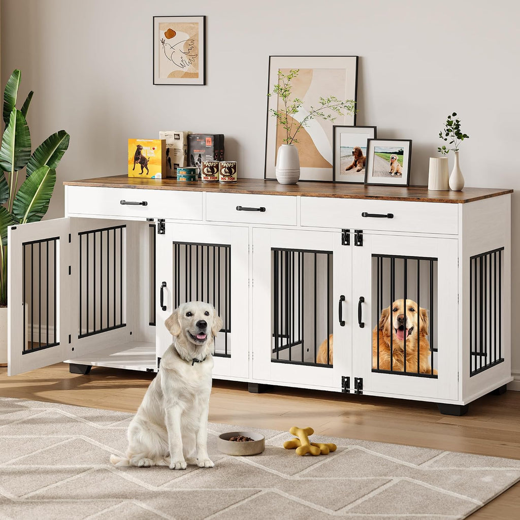 Large Dog Crate Furniture for 2 Dogs with 3 Drawers, Heavy Duty Double Indoor Dog Kennel and TV Stand