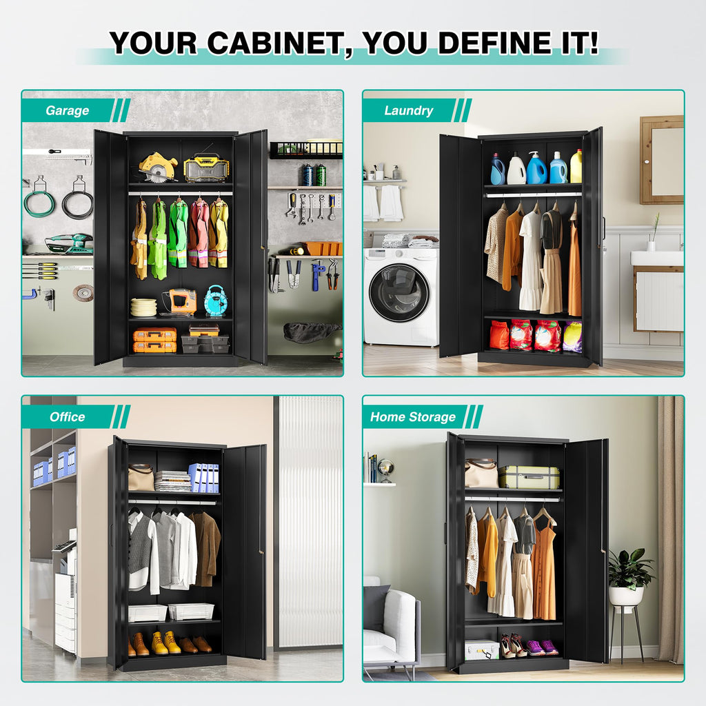 Metal Wardrobe Cabinet with Hanging Rod & Lock, Black Armoire Wardrobe Closet, Metal Clothing Storage Cabinet with