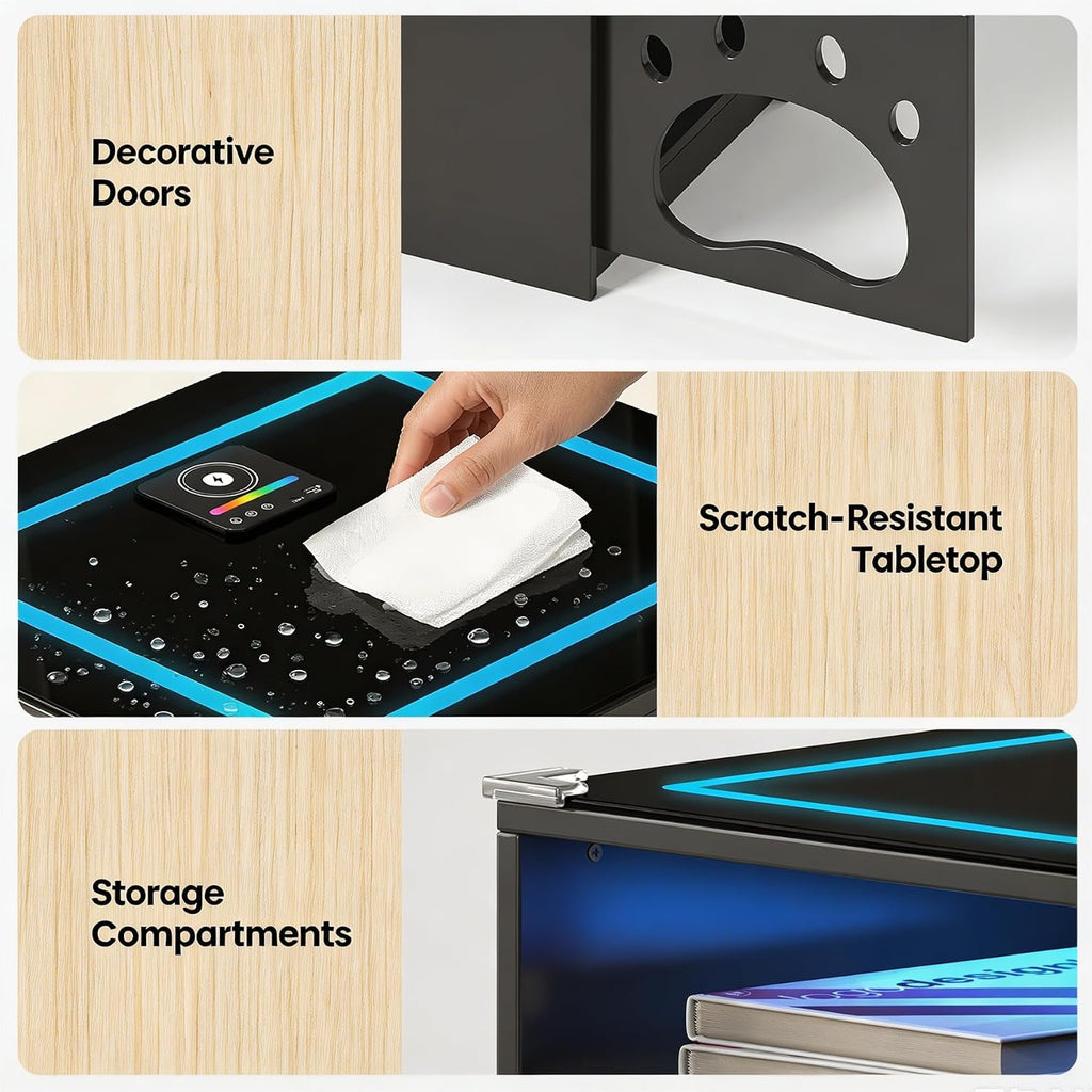 Cat House Night Cabinet with Charging Station & LED Lights, Modern Wooden Night Stand with Cozy Hidden Cat Condo