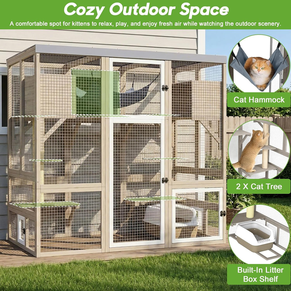 Large Catio Outdoor Cat Enclosure, Walk-in Cat Patio with 4 Levels, Cat Condo Hammock & Scratching Posts, Flat Roof
