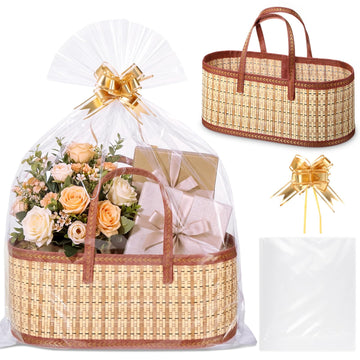 1 Sets Empty Gift Baskets to Fill Large Bamboo Woven Baskets with Handles 15.8 x 7.9 x 6.3 inch Includes Clear Wrap