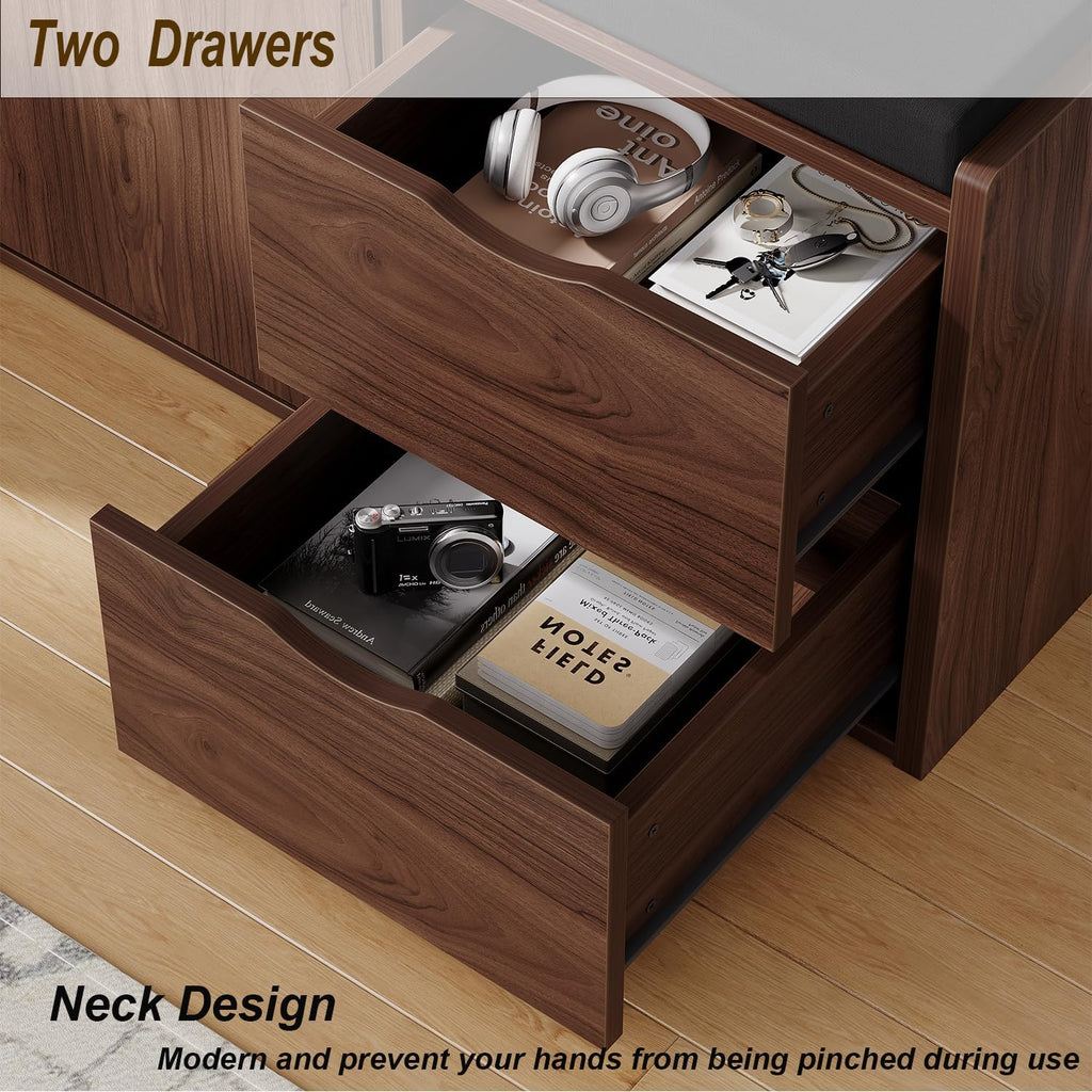 40" Entryway Storage Bench with Padded Seat Cushion, Wood Hidden Shoe Organizer Bench with 2 Drawers Cabinet