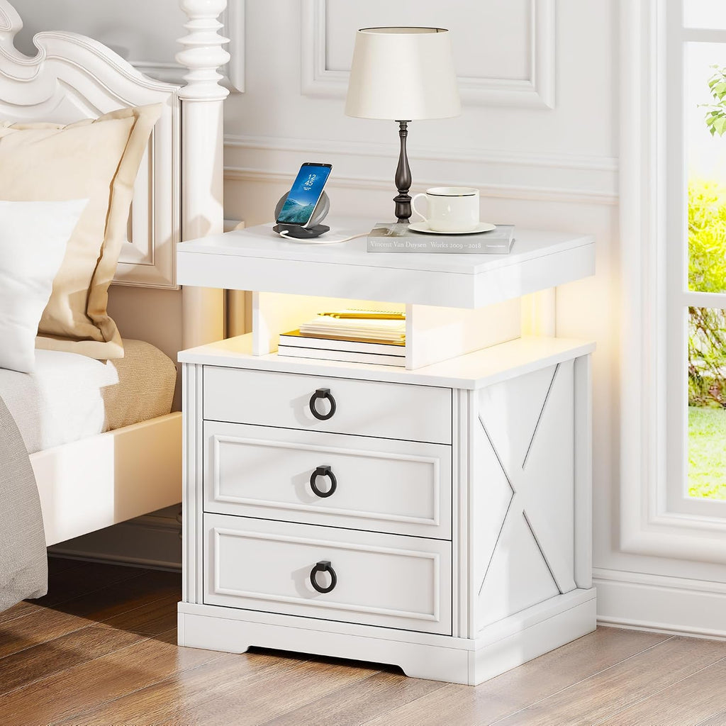 Lockable Night Stand - with Gun Drawer,LED Nightstand with Charging Station,Bedside Table with Human Sensor 3-Color