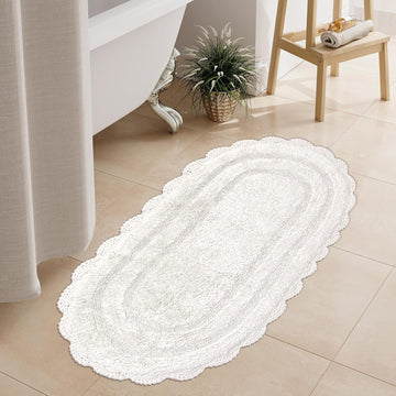 White Crochet Bath Runner Rug, 100% Cotton Oval bathmat with artisanally Handcrafted Crochet Border, 24x60 Inch