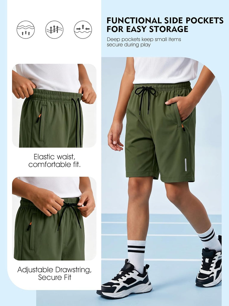 3 Pack Boys Athletic Running Shorts with Zipper Pockets Quick Dry Lightweight Hiking Cargo Shorts for Gym Outdoors