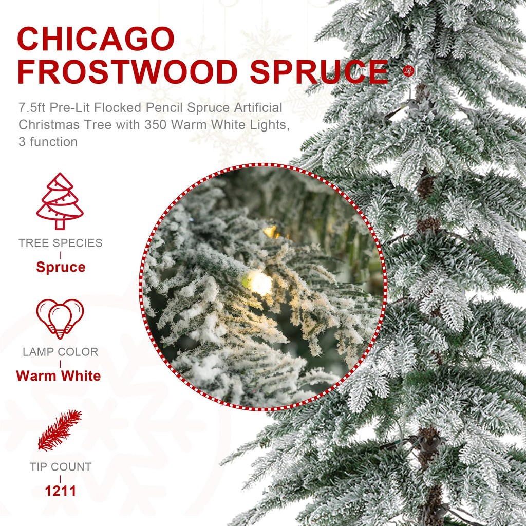 7.5ft Prelit Flocked Pencil Spruce Artificial Christmas Tree