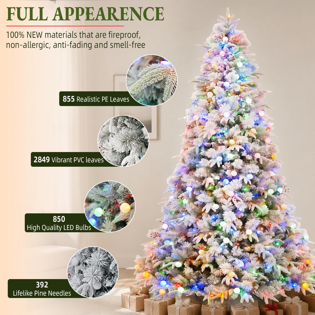 12ft Flocked Prelit Christmas Tree with 850 Multicolor LEDs