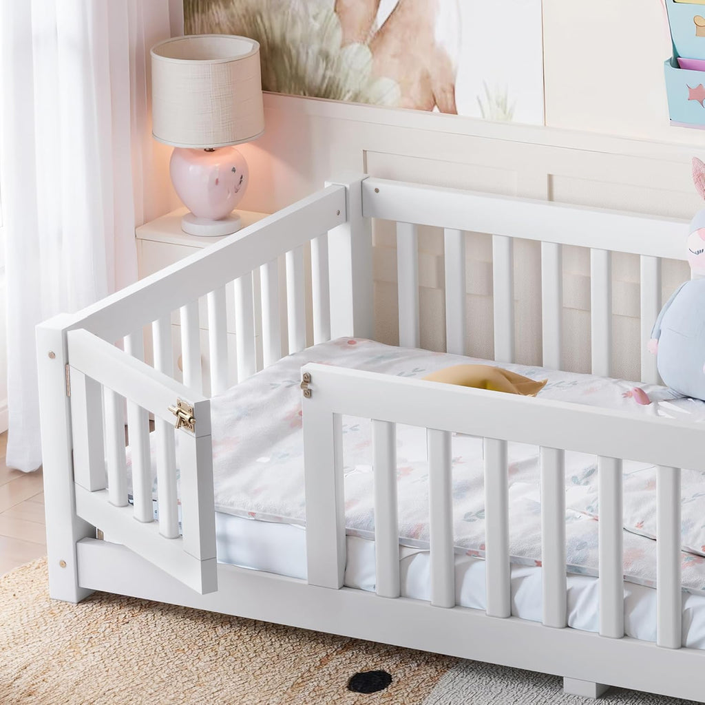 Twin Size Floor Bed Frame with Fence and Door for Kids, Montessori Floor Bed with Slats and Safety Guardrails,Solid