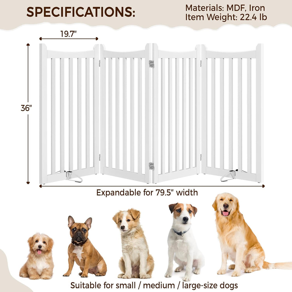 36in 4-Panel Wooden Freestanding Pet Gate for Indoor Stairs