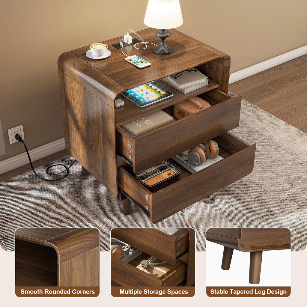 Night Stand with Charging Station, 23.7'' Wide Side Table Bedroom Nightstand with Drawers, Mid Century Modern Bedside