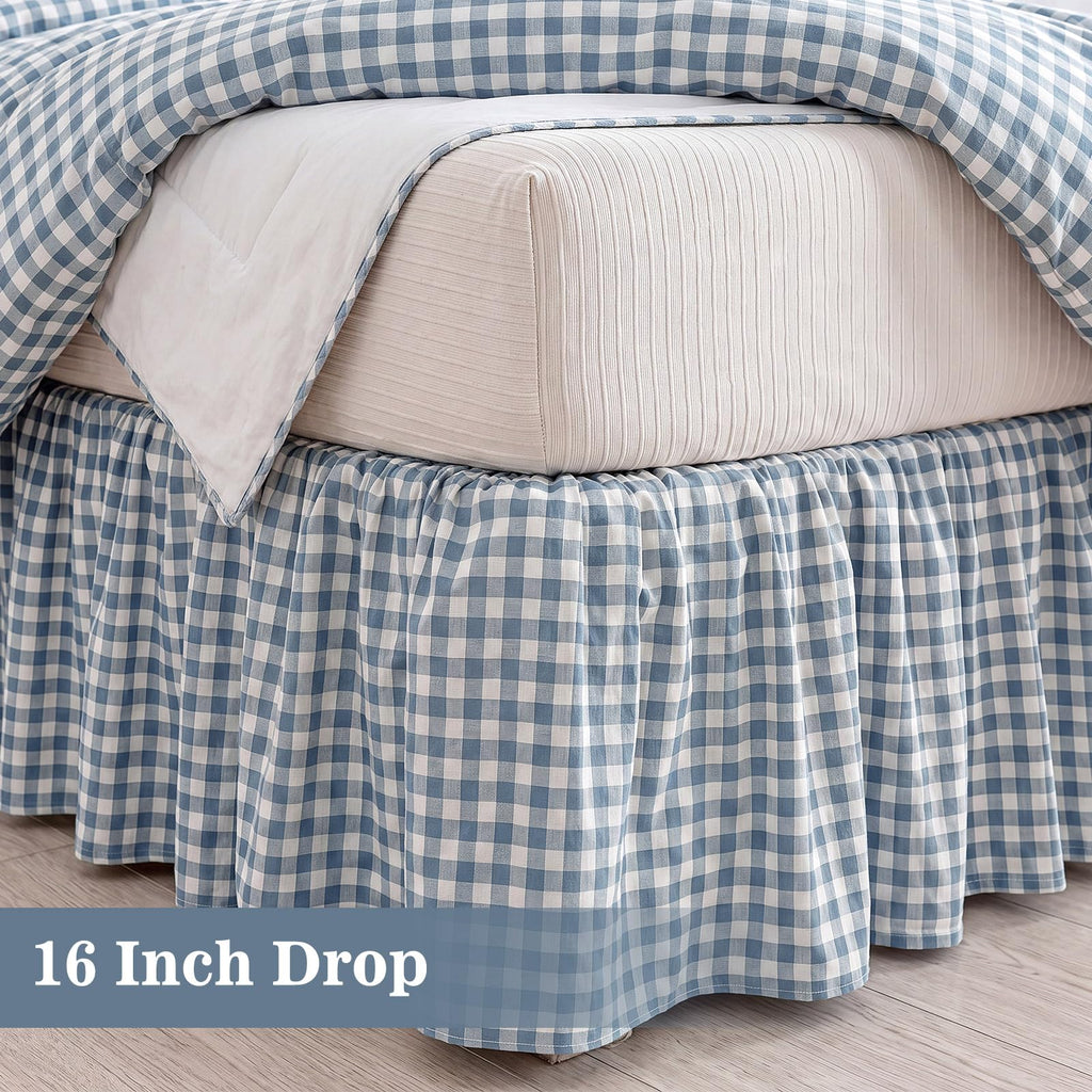 Blue White Gingham Bed Skirt Queen Size 16" Drop Pleated