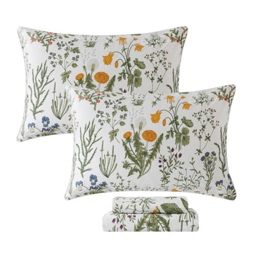 100% Egyptian Cotton Sheets Queen Botanical Printed Floral Sheets Yellow Flowers & Leaves Pattern Farmhouse Bedding