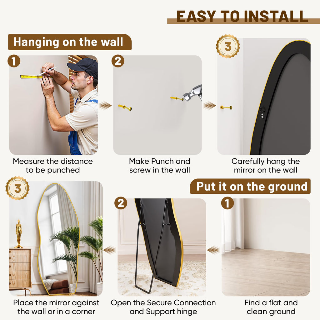 Irregular Full Length Mirror, 76"x36" Asymmetrical Floor Mirror with Stand, Standing Hanging Leaning Irregular