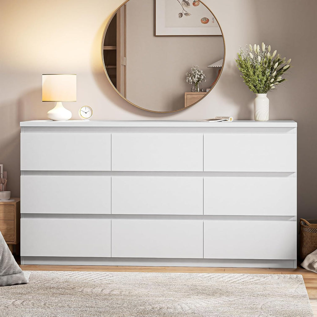 White 9 Drawer Dresser ,Modern Wood Dressers & Chest of Drawers with No-Handle Design, Long Dressers for Closet