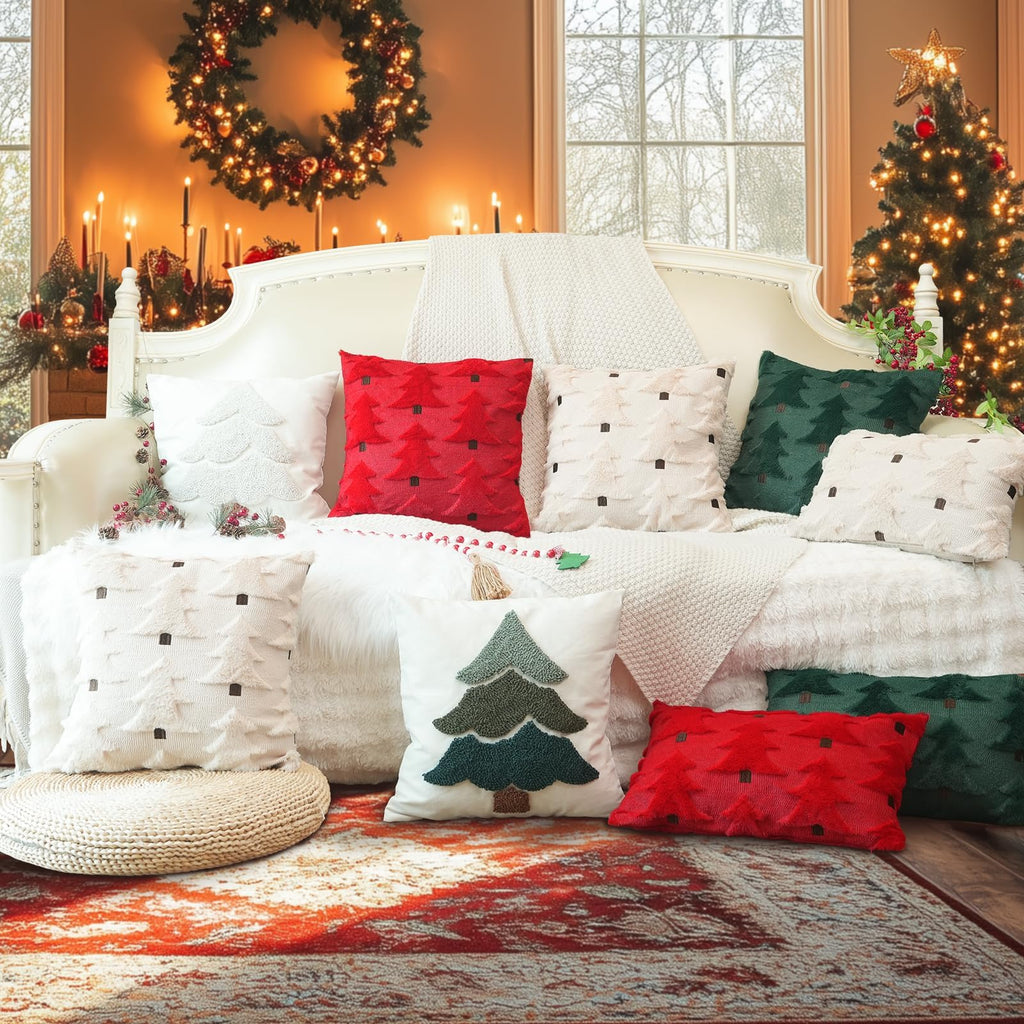 Christmas Pillow Covers 22x22 Inch Set of 2, Christmas Decorations Xmas Tree Soft Plush Fluffy Faux Fur Decorative