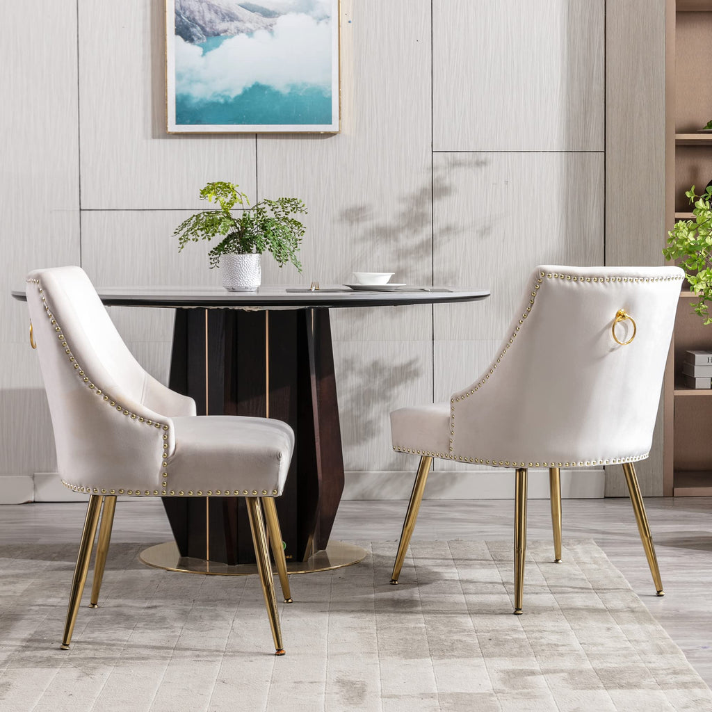 Velvet Dining Room Chairs Set of 2 Nailhead Back with Gold Legs, Beige