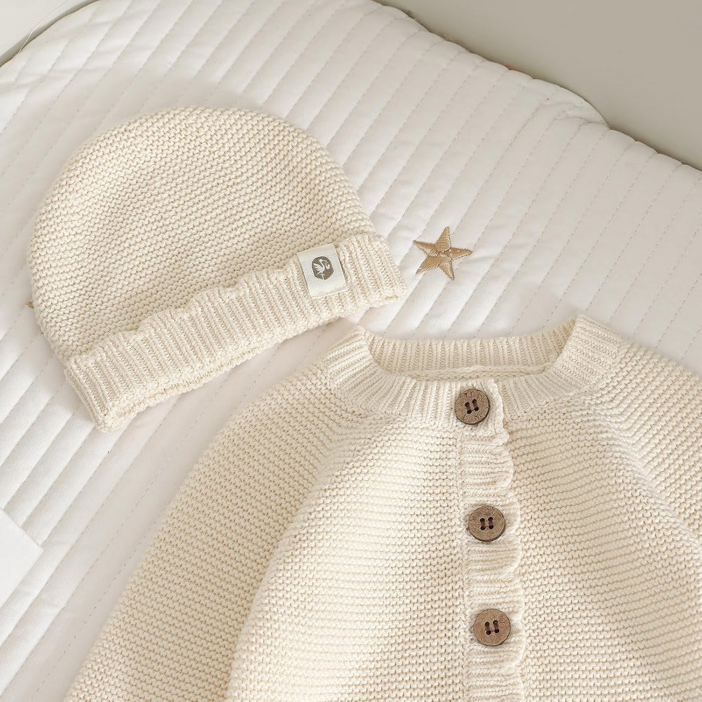 Organic Cotton Baby Sweater Knit Romper Hat Booties 3 Piece