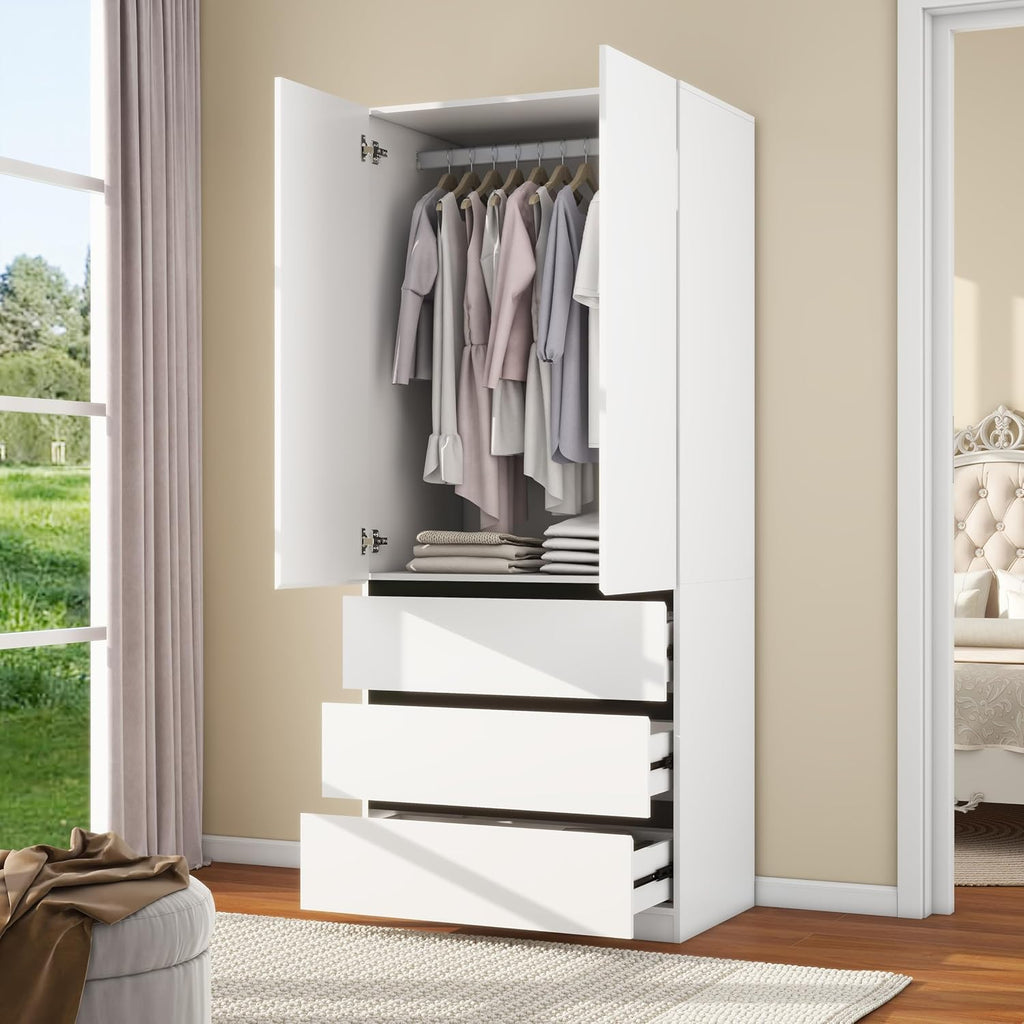 Wooden Wardrobe Closet with 2 Doors: 75" Bedroom Armoire Wardrobe Closet with 3 Drawers, White Cabinet with Hanging