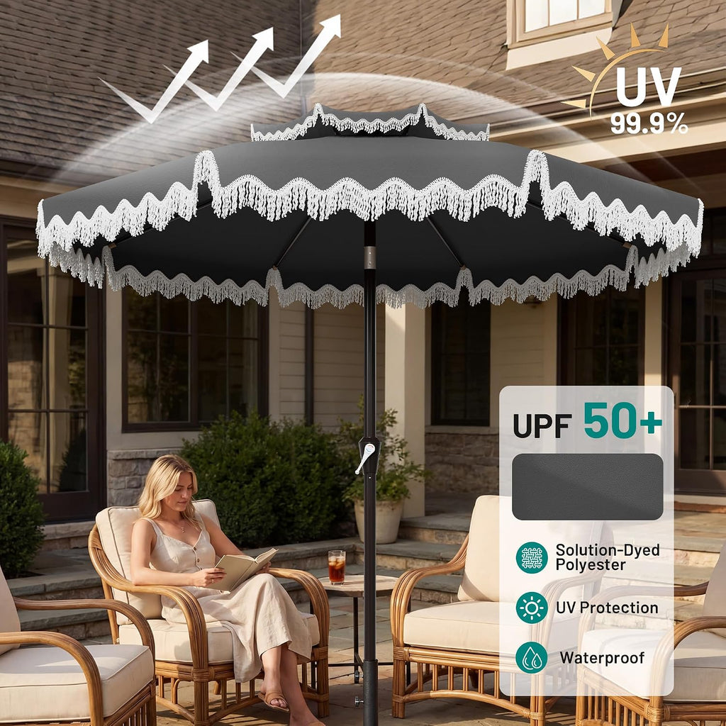 9ft Patio Umbrella with Fringe Tassels, Wind-Resistant Fiberglass Ribs - Grey